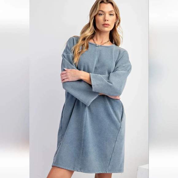 New Easel Blue Mineral Washed Terry Knit Dress - Picture 5 of 6